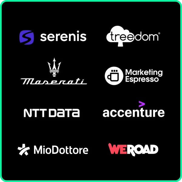 Loghi di aziende in cui gli studenti di start2impact University hanno trovato lavoro: Serenis, Treedom, Maserati, Marketing Espresso, NTT DATA, Accenture, MioDottore, WeRoad