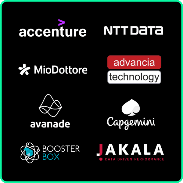 aziende che hanno assunto studenti del Master Data Science: Accenture, NTT DATA, MioDottore, Advancia Technology, Avanade, Capgemini, Booster Box, Jakala